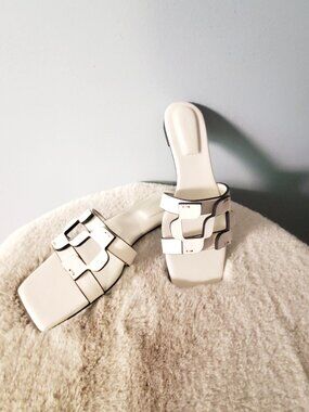 SIMKHAI Monogram Slide Sandals Ivory Square Toe Block Heel Minimalist Size 37
